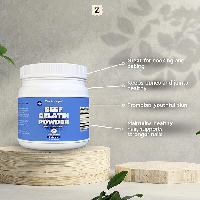 Zen Principle Grass-Fed Gelatin Powder 1.5 lb. Custom Anti-Aging Protein for Healthy Hair Skin Joints &amp Nails. Paleo and Keto Friendly. Cooking and Baking. GMO-Free and Gluten-Free. Unflavored.