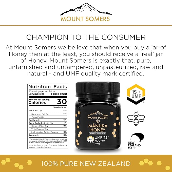Mount Somers Premium Manuka Honey MGO 514+ / UMF 15+ 100% Pure New Zealand Manuka Honey - Genuine Natural Superfood - UMF Certified &amp Traceable 8.8oz Jar