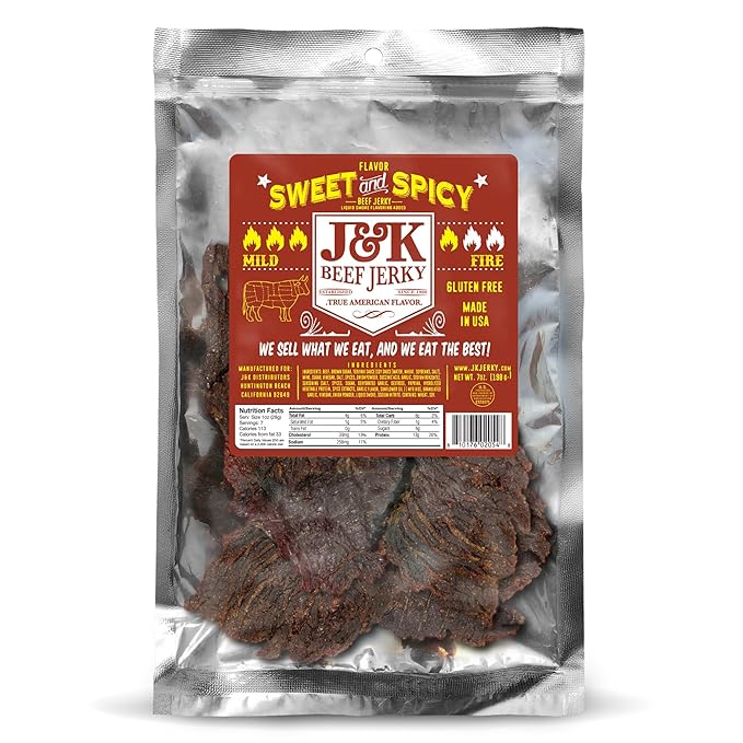 J&ampK Sweet and Spicy Beef Jerky - Hand Crafted Small Batch American Made Slab Beef Jerky - Bold &amp Flavorful Snack! - 7oz Big Bag