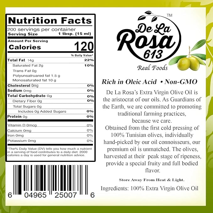 De La Rosa Extra Virgin Olive Oil First Cold Pressed Vegan Kosher Non-GMO &amp Gluten-Free Fruity &amp Full-Bodied Great for Salad Dressings &amp More Olive Oil Extra Virgin 3 Liter (Pack of
