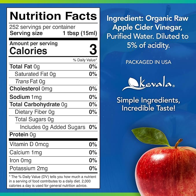 Kevala Organic Raw Apple Cider Vinegar - Unfiltered and Unpasteurized Vinegar for Cooking and Beauty Addition to Your Routine for Gut Health and Metabolism Support Salad Dressing Ingredient 128 oz