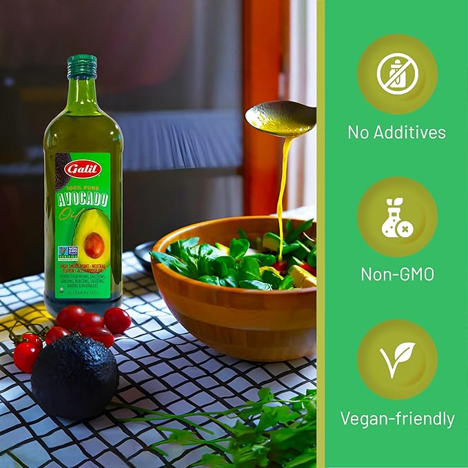 Galil 100% Pure Avocado Oil - High Smoke Point 500°F Non-GMO Vegan Halal Certified - Perfect for Cooking Baking Sautéing Dressings &amp Marinades Rich in Healthy Fats - 1 Liter Glass Bottle