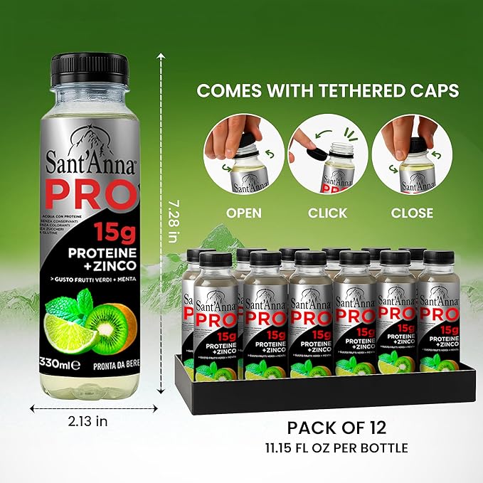 Sant'Anna PRO Functional Protein Drink – Green Fruits &amp Mint 11.15 Fl Oz (12-Pack) | 15g Protein + Zinc | No Sugar | Clear Water | Crafted with Sant’Anna Alpine Water | BPA-Free | No Preservative