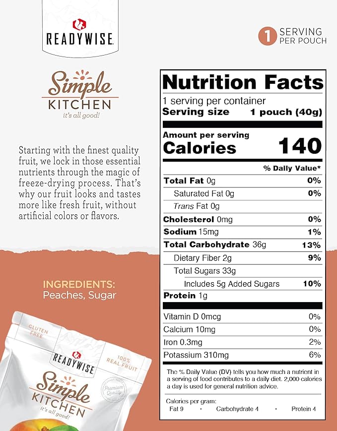 READYWISE - Simple Kitchen Freeze-Dried Peaches 1.16 oz Pack of 6 Vegetarian Gluten Free Snacks Peaches Dried Fruit Pre Workout Healthy Snacks Camping Backpacking Survival Food