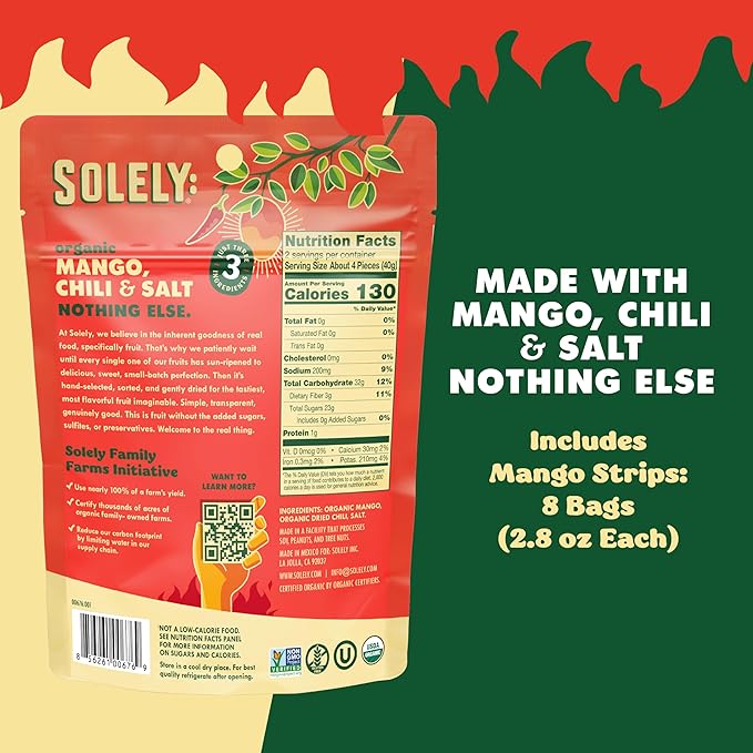 SOLELY - Organic Dried Mango Strips with Chili and Salt (2.8 oz Resealable Bags Pack of 8) Real Fresh Fruit - Healthy Snacks for Adults &amp Kids - Non GMO Vegan Snacks Shelf Stable - 8 Bags (22.4