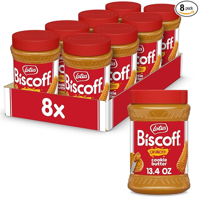 Lotus Biscoff CRUNCHY Cookie Butter Spread non GMO + Vegan 13.4 Oz Jar (Pack of 8)