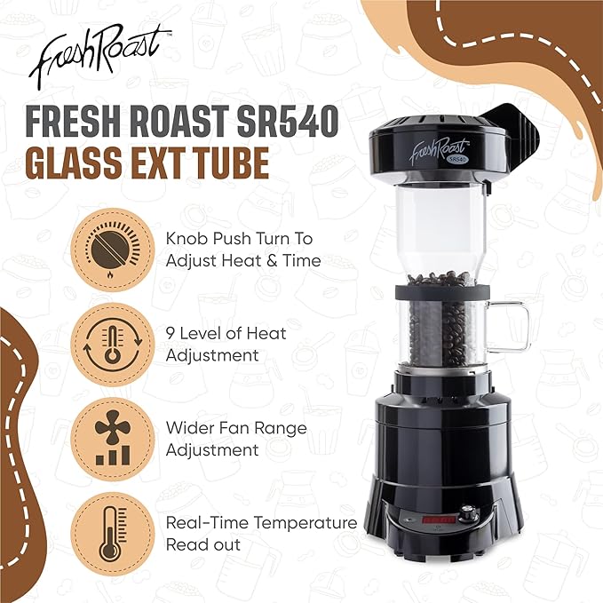 Coffee Roaster Bundle SR540 Glass Extension Tube Pour Over Digital Scale (4lbs) Sample Pack of Green Beans (2-Pack) Sample Trays Chaff Brush