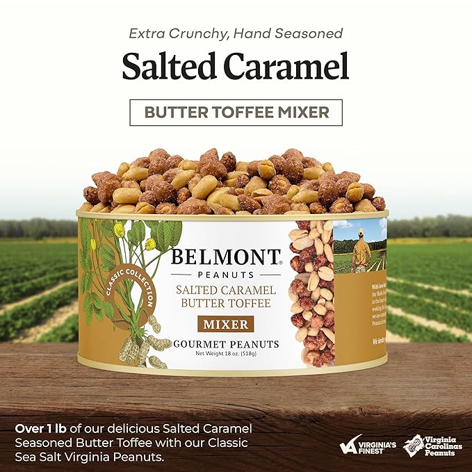 Belmont Peanuts Gourmet Salted Caramel Butter Toffee Mixer with Sea Salt and Butter Toffee Flavored Virginia Peanuts 18 oz (1 Pack) – Simple Ingredients No Preservatives Hand Seasoned Snack