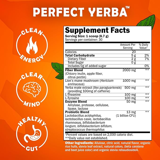 Perfect Yerba Instant Yerba Mate Tea Powder Drink – Orange Tangerine – Clean Energy + Focus + Gut Support (100mg Natural Caffeine Lion’s Mane L-Theanine Prebiotic + Probiotic + Enzymes) – 0g Sugar