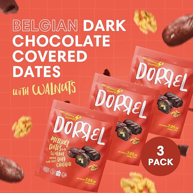 DORREL - Belgian Dark Chocolate Covered Dates (Medjool) with Walnuts Stuffing High Energy Vegan Choco Snack Delicious Kosher &amp Non-GMO Pack of 3 Stuffed Chocolate Dates 7.05 oz / 200 g Ea