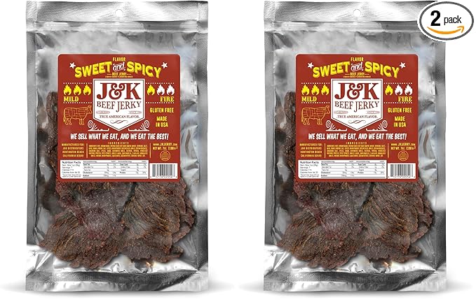 J&ampK Sweet and Spicy Beef Jerky - Hand Crafted Small Batch American Made Slab Beef Jerky - Bold &amp Flavorful Snack! - 7oz Big Bag (Pack of 2)