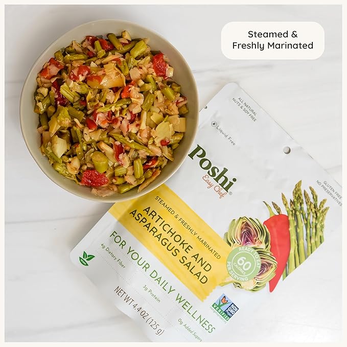 POSHI Artichoke &amp Asparagus Salad Natural Keto Vegan Non GMO Low Carb + Calorie Gluten Free Ready to Eat Fully Cooked Vegetables Pentry Food Gourmet Healthy Travel Food 6 Pack 4.4 oz