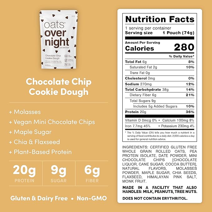 Oats Overnight Dark Chocolate Sea Salt 8 Pack &amp Chocolate Chip Cookie Dough 8 Pack - Vegan 20g Protein High Fiber Breakfast Shake - Gluten Free Non GMO Oatmeal