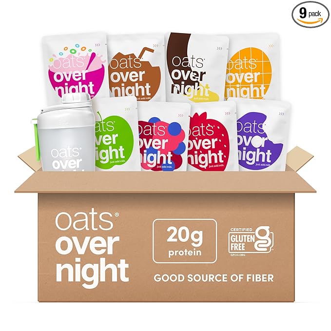 Oats Overnight Fruit Variety Pack - High Protein High Fiber Breakfast Protein Shake - Gluten Free Non GMO Protein Oatmeal - Fruity Cereal Chocolate Covered Banana &amp More (8 Pack + Shaker Bottl