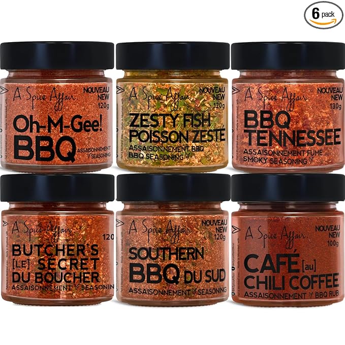A Spice Affair's Master BBQ Seasoning Set — 6 Pack Barbecue Spices and Seasoning Set — BBQ Rubs and Spices for Grilling — Pork Steak Seasoning Chicken Spices Seasonings Chili Coffee Rub for Meat