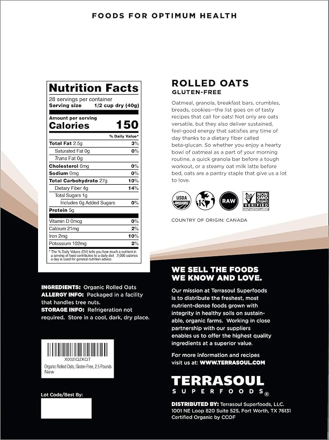 Terrasoul Superfoods Organic Rolled Oats 5 lbs - Gluten-Free | Old-Fashioned | Whole Grain