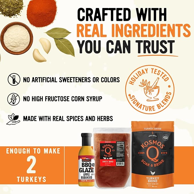 Kosmos Q Complete Turkey Brine Kit - Full Seasoning Kit with Turkey Brine Dirty Bird Spice Shaker &amp Cherry Apple Habanero BBQ Glaze - Brine Rubs and Glaze for a Tender Juicy Turkey