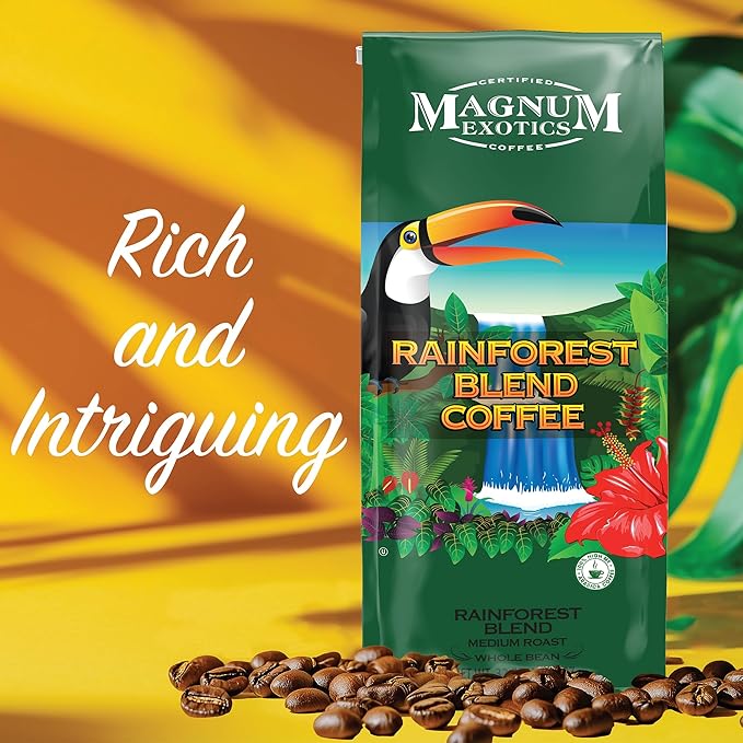 Magnum Exotics Rainforest Blend Whole Bean Coffee - Coffee Beans Medium Dark Roast Caffeinated Roasted Bulk Brew Rich &amp Smooth Flavor Fresh Roast - 32 oz (2 lb) Bag