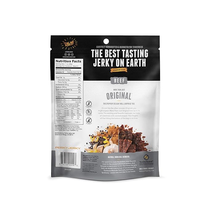 Perky Jerky Original 100% Grass Fed Beef Jerky 1 oz (Pack of 12) - Antibiotic Free - 10g Protein Per Serving - Low Fat - Tender Texture and Bold Flavor