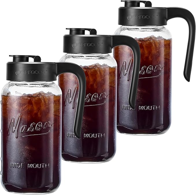 Mason Jar Pitcher - Airtight &amp Leakproof Glass Pitcher with Lid Perfect for Breastmilk Cold Brew and Sun Tea 2 Quart (64 oz) Mason Jar with Pour Spout Lid