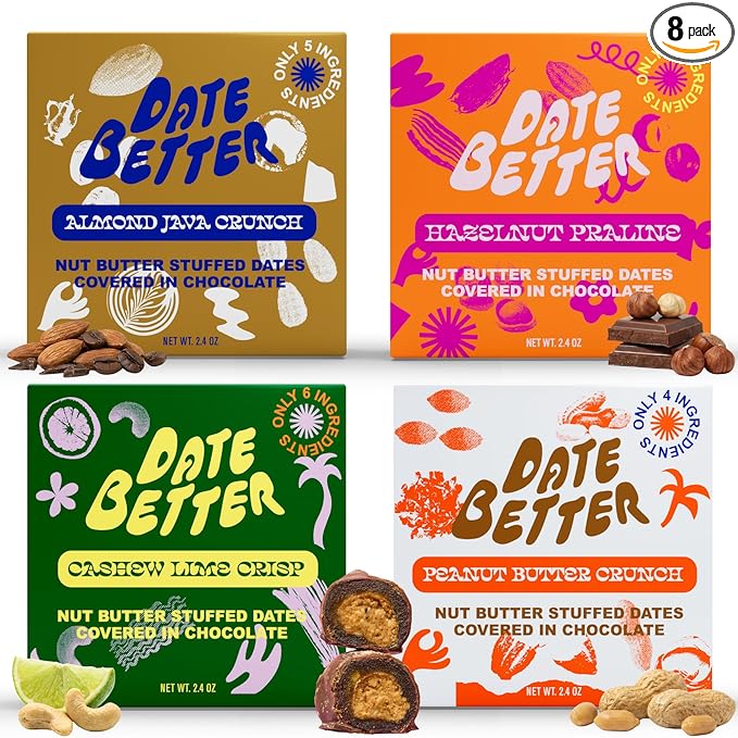 Date Better Stuffed Medjool Dates Variety Pack - Dark Chocolate-Covered Dates Filled With Peanut Butter Hazelnut Cashew Lime &amp Almond Java | No Artificial Sweeteners Gluten-Free &amp Vegan (8