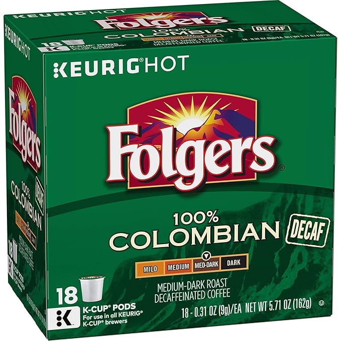 Folgers Decaf 100% Colombian Medium Roast K Cup Pods for Keurig Brewers 18Count (Pack Of 4) packaging May Vary