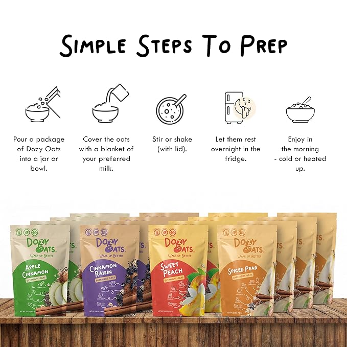Dozy Oats Overnight Oatmeal Packets Vegan/No Added Sugar Variety Box with Rolled Oats Chia Seeds Date Powder and Dried Fruit. Gluten-Free Natural Source of Protein and Fiber 16-Pack