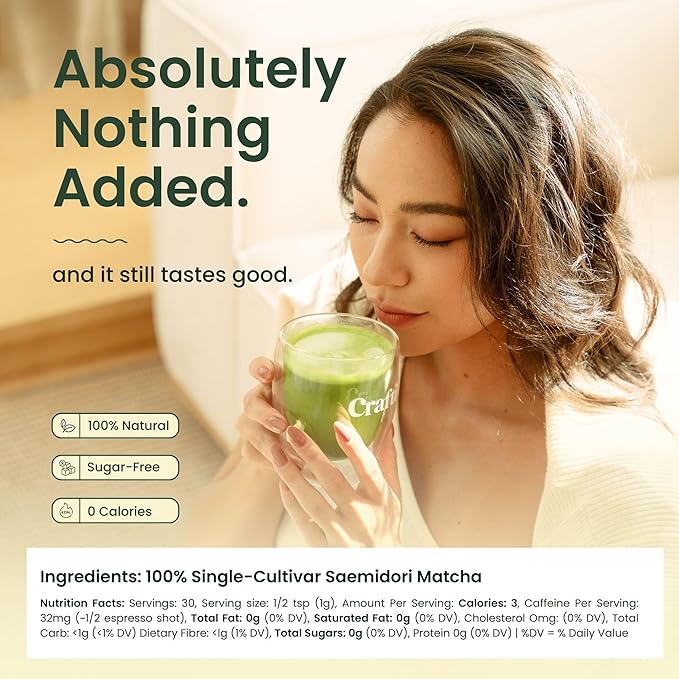 Crafti Ceremonial Grade Matcha Powder | 100% First Harvest | Single Cultivar | Saemidori | Unsweetened Authentic Japanese Matcha Green Tea Powder from Yame Fukuoka (30g / 1.06oz)