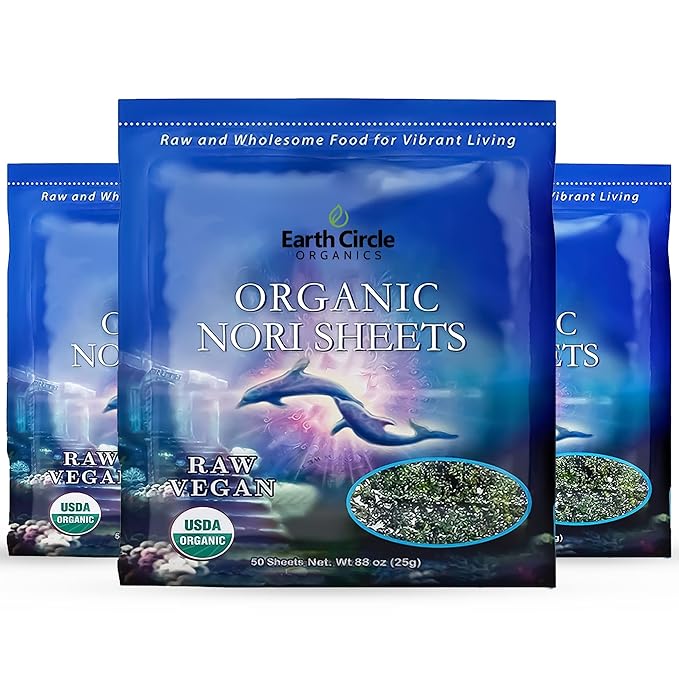 Earth Circle Organics | Organic Nori Seaweed Sheets - Raw Unheated &amp Not Roasted | Grade A Certified | Vegan Paleo Keto Friendly | Premium Nori for Sushi Rolls &amp Wraps (50 Sheets 3 Pack)