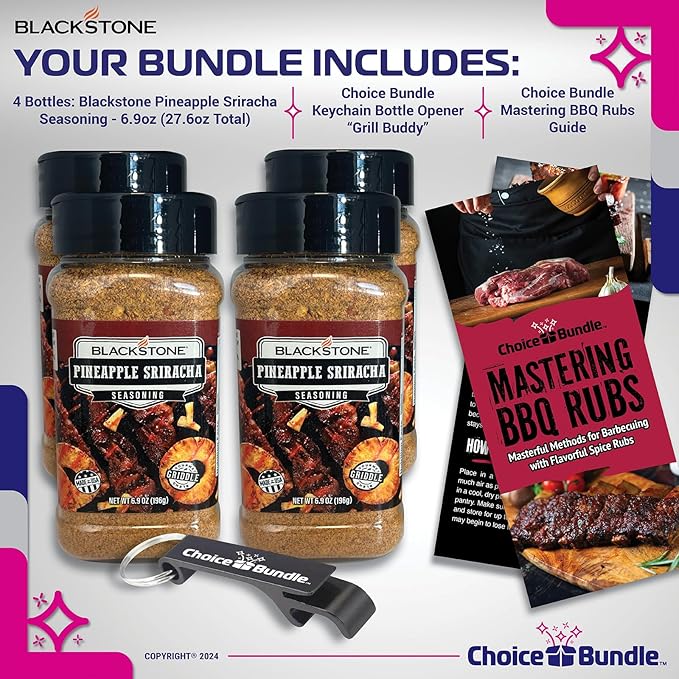 Blackstone Pineapple Sriracha Seasoning – Gourmet Griddle Premium Barbecue Rub 4 Pk (27.6 oz) + BBQ Masters &amp Opener (6 Items)!