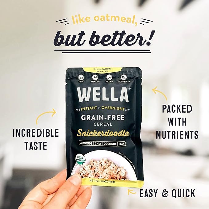 Wella Cereal Oatmeal Alternative Gluten-Free Breakfast Hot Cereal Grain-Free Paleo Organic Vegan High Protein Superfood Plant-Based Non-GMO Low in Net Carbs Single-Serve Packets Snickerdoodle Fl
