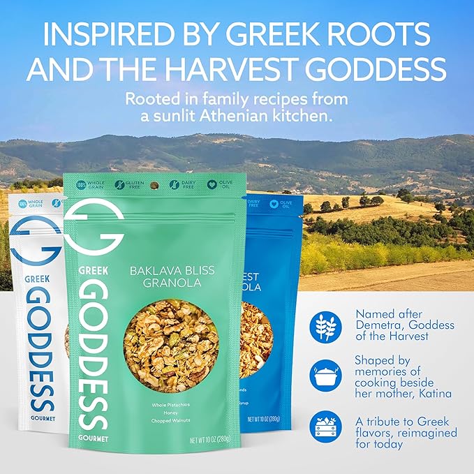 Greek Goddess Gourmet Granola Variety Pack – Baklava Bliss Harvest &amp Maple Oat with Nuts Honey Maple Syrup Coconut &amp Olive Oil – Greek-Inspired Gluten Free Granola 10oz Bags (3-Pack Ass