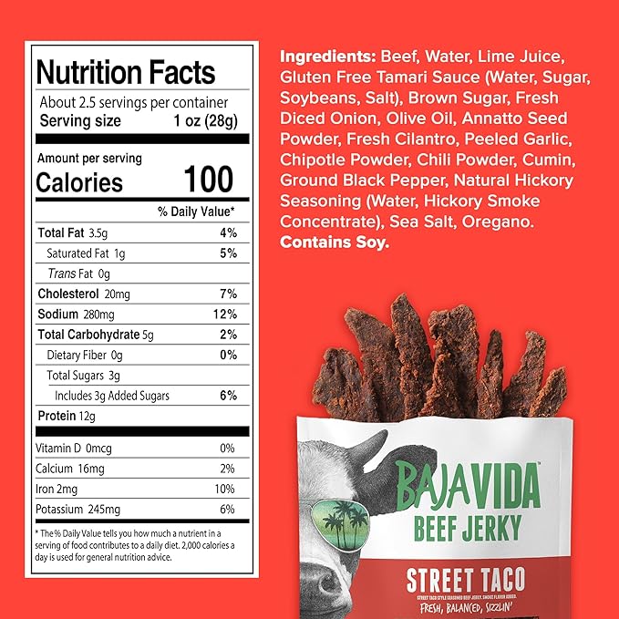 Baja Vida Street Taco Beef Jerky - Sweet and Spicy Beef Jerky Snack Packs Healthy Jerky Gluten-Free All-Natural Beef No MSG Made in the USA - 2.5 Oz Bags (Pack of 3)