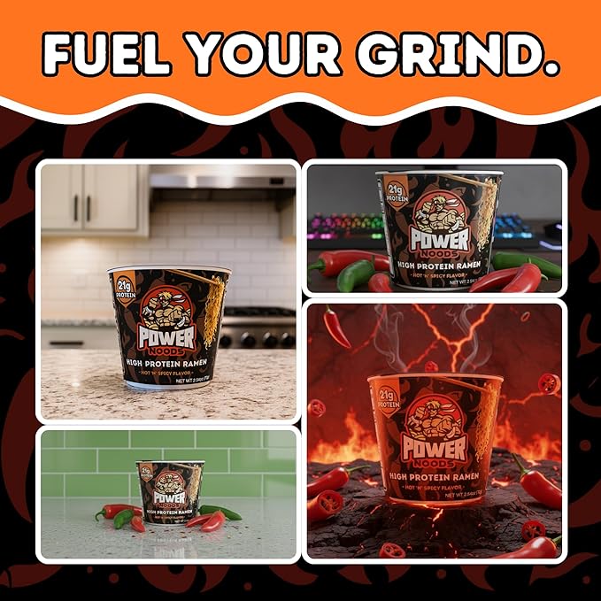 Power Noods High Protein Ramen Noodles - 12 or 6 Pack | Protein Ramen Cups for Lunch or Dinner | Better for You Plant-Based Instant Meal | Hot 'N' Spicy