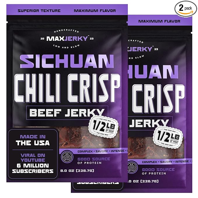 MaxJerky Sichuan Chili Crisp Beef Jerky 104 Grams of Protein 8 OZ (2 Pack)