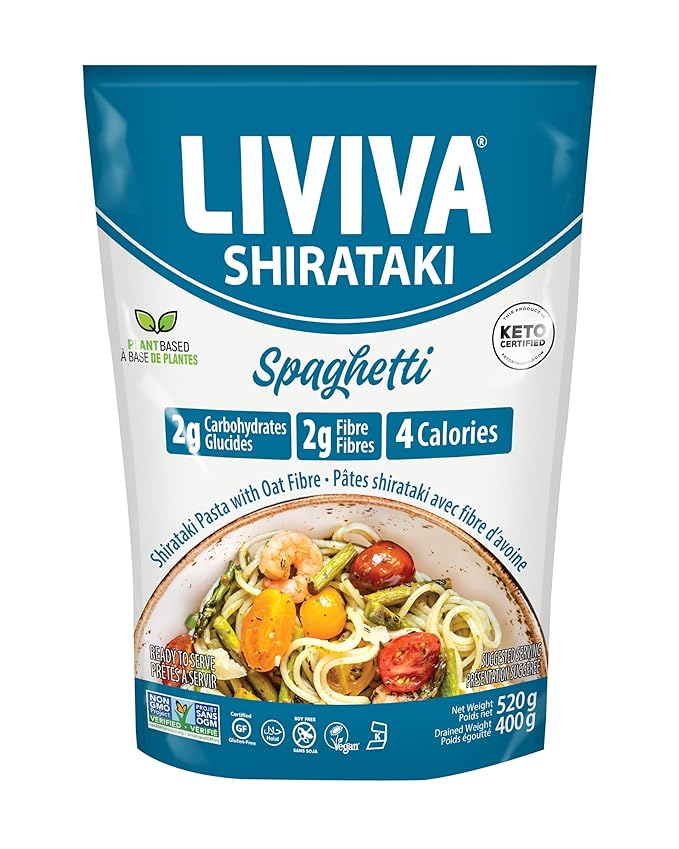 LIVIVA Shirataki Konjac Spaghetti (6 Pk) – Diabetic-Friendly Low Carb Low Calorie Pasta Noodles Ready to Serve – No Odor Certified Non-GMO Gluten Free Vegan Plant-Based Keto Kosher Halal