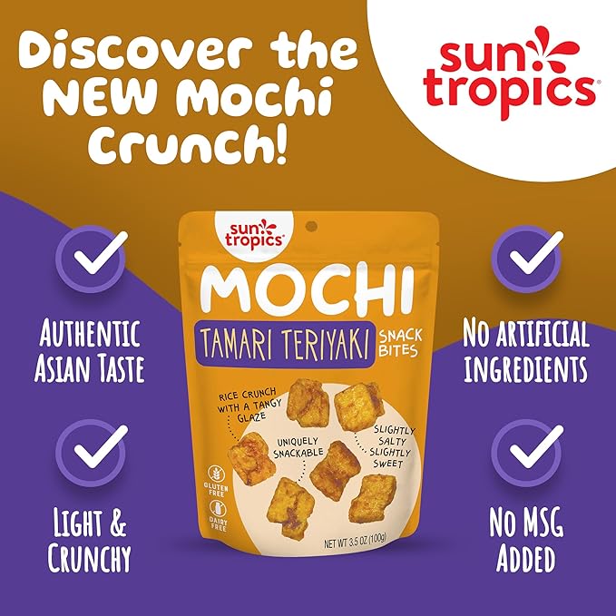 Sun Tropics Mochi Snack Bites Tamari Teriyaki Flavor 3.5 oz (Pack of 6) | Crispy Crunchy Mochi Rice Bites | Gluten Free Dairy Free No MSG Added Asian Rice Snacks