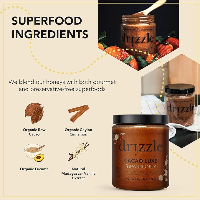 Drizzle Cacao Luxe Raw Honey - All Natural Pure Raw Honey with Organic Cacao Unfiltered &amp Unheated Use in Tea &amp Coffee Sugar Substitute Certified Kosher - 13.2 oz Jar (375 g)