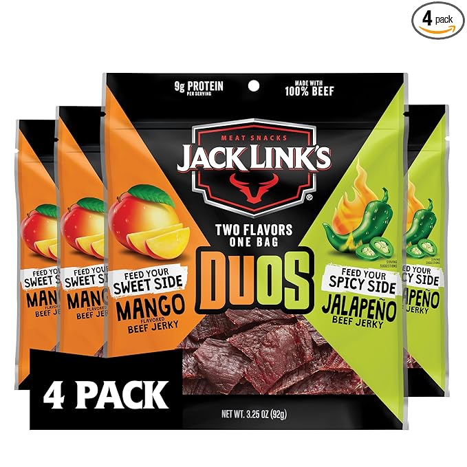 Jack Link's DUOs Jalapeno and Mango Beef Jerky - (4 Pack) 3.25 oz Bags - Ready to Eat Protein Snacks - 9g Protein per Serving - Made with 100% Real Beef