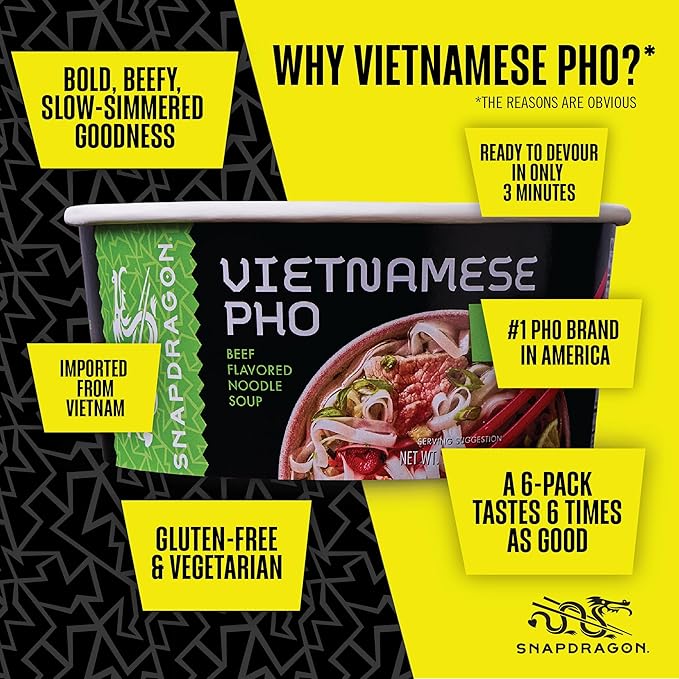 Snapdragon Pho Instant Noodle Bowls | Pho Flavor Broth with Rice Noodles | No Artificial Flavors | No MSG Added | 2.3 oz (9 Pack)