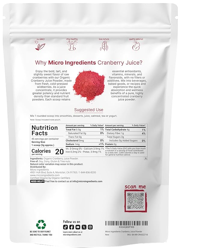 Sustainably US Grown Organic Cranberry Juice Powder (Wild Cranberry Supplements Cold Pressed) 8 Ounce | Supports Urinary Tract Cleanse &amp Prostate Health* | Filler Free Water Soluble Pet Friend
