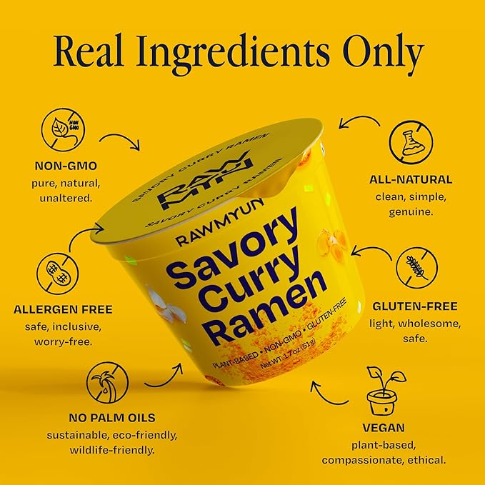 RAWMYUN Gluten Free Healthy Korean Ramen Vegan Superfood Clean Ingredients Plant-Based Cup Noodles made with Organic Rice Noodles Instant Soup | No MSG Non-GMO Real Ingredients (6 Savory Curry)