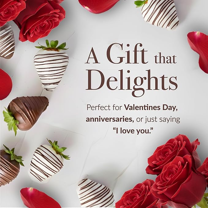 Shari’s Berries 12 Classic Red Roses &amp 6 Chocolate Covered Strawberries Gift Set | Chocolate &amp Fresh Flower Gift Box | Valentine's Day Anniversary Celebrations &amp Thank You’s