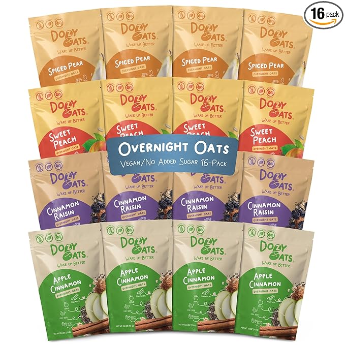 Dozy Oats Overnight Oatmeal Packets Vegan/No Added Sugar Variety Box with Rolled Oats Chia Seeds Date Powder and Dried Fruit. Gluten-Free Natural Source of Protein and Fiber 16-Pack