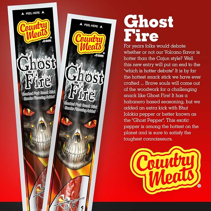 Country Meats Meat Sticks 0 Trans Fat USDA Certified Good Source of Protein Carb Conscious Snack (24 Meat Sticks Ghost Fire)