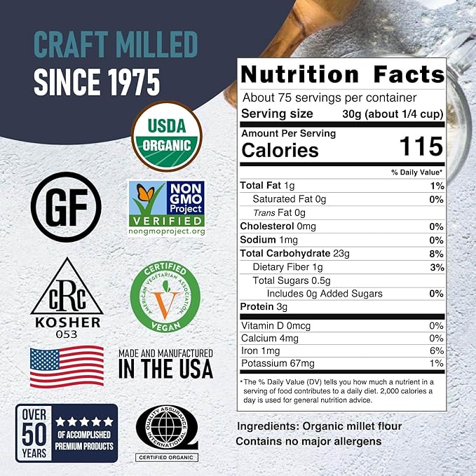 Great River Milling Organic Millet Flour | USDA Organic Naturally Gluten Free Non-GMO Vegan Kosher | Mild Nutty Flavor for Baking Flatbreads Pancakes &amp Porridge | 5 Lb.