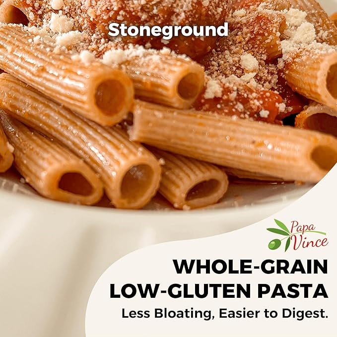 Papa Vince Organic Whole Wheat Non Enriched Rigatoni: Low Gluten Italian Pasta made in Italy from Organic Non GMO Khorasan Ancient Grain grown in Sicily. Slow Dried Bronze Die Cut. High in Selenium &a
