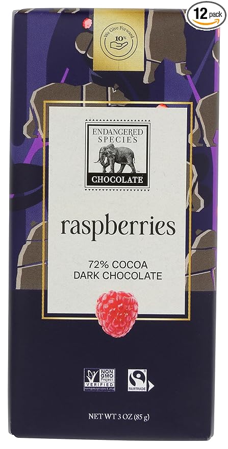 Endangered Species Raspberries 72% Cocoa Dark Chocolate Bar Fair Trade Vegan Friendly Kosher Gluten Free &amp Non-GMO 3 Ounce (Pack of 12)