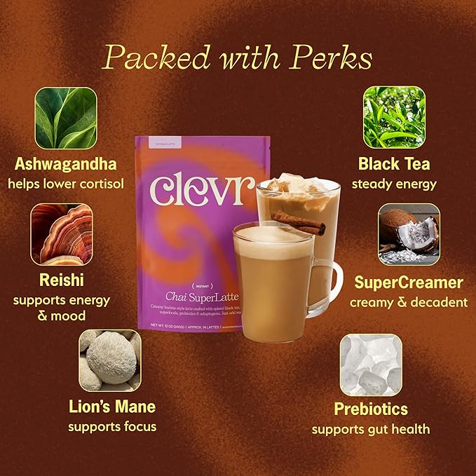 Clevr Chai Tea Latte Instant Superfood Powder Blend with Oat Milk Lions Mane Reishi Mushroom Black Tea Organic Spices Coconut Cream Ashwagandha Oprah’s Favorite Things 2022 (30 Lattes)