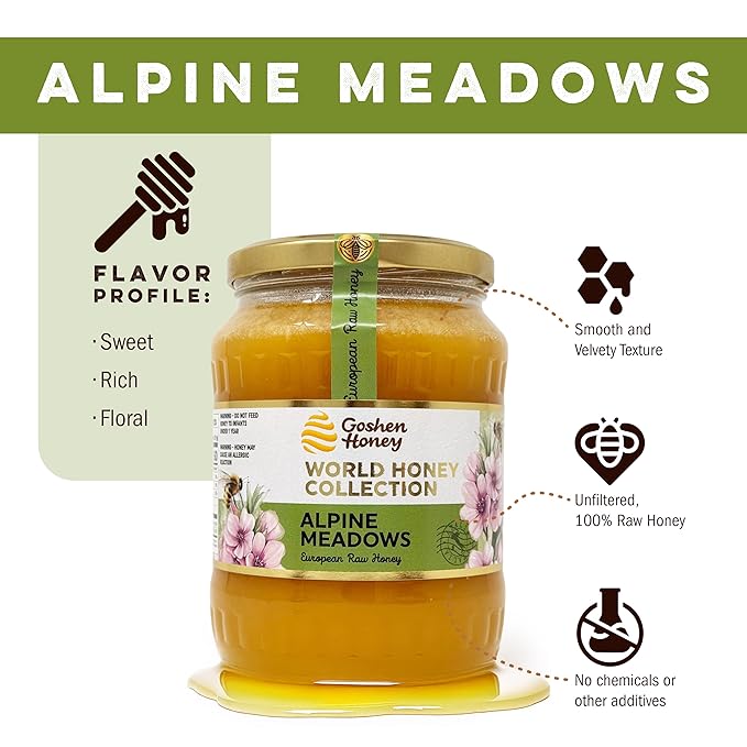 Goshen World Honey Collection - Alpine Wildflower Blossoms from Italy - Raw Rare and Sustainable Floral Sources - Derived from Natural Flower Nectar with Antioxidants - Nature's Sweetener - 32oz